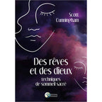 Livre Des rêves et des dieux par Scott Cunningham, guide sur le sommeil sacré sur fond onirique violet et visages.