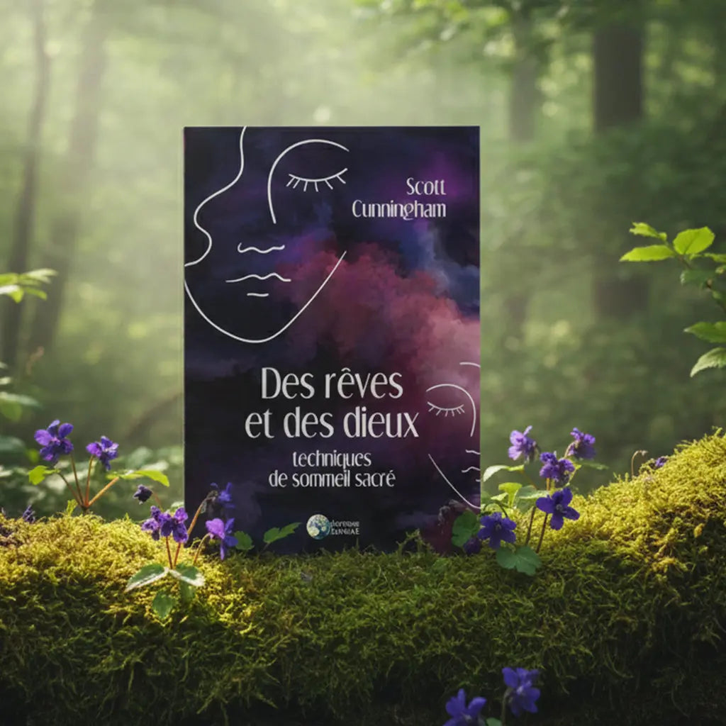Livre Des Rêves et des Dieux de Scott Cunningham posé sur une souche moussue, illustré de visages endormis sur un fond de nébuleuses violettes et cosmiques.