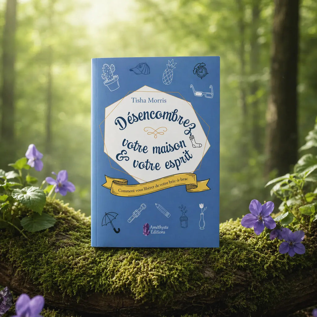 Livre bleu Désencombrez votre Maison & Votre Esprit de Tisha Morris posé sur une souche moussue, illustré de petits pictogrammes d'objets du quotidien (cactus, lunettes, parapluie).