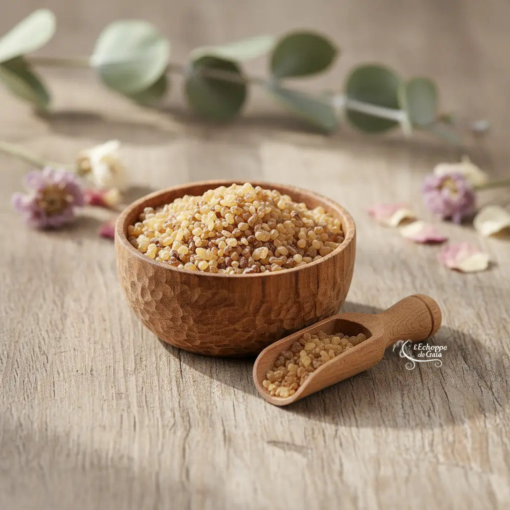 Encens Désenvoutement en grains de résine clairs dans une coupelle en bois avec petite cuillère sur table en bois, fleurs floues en arrière-plan.
