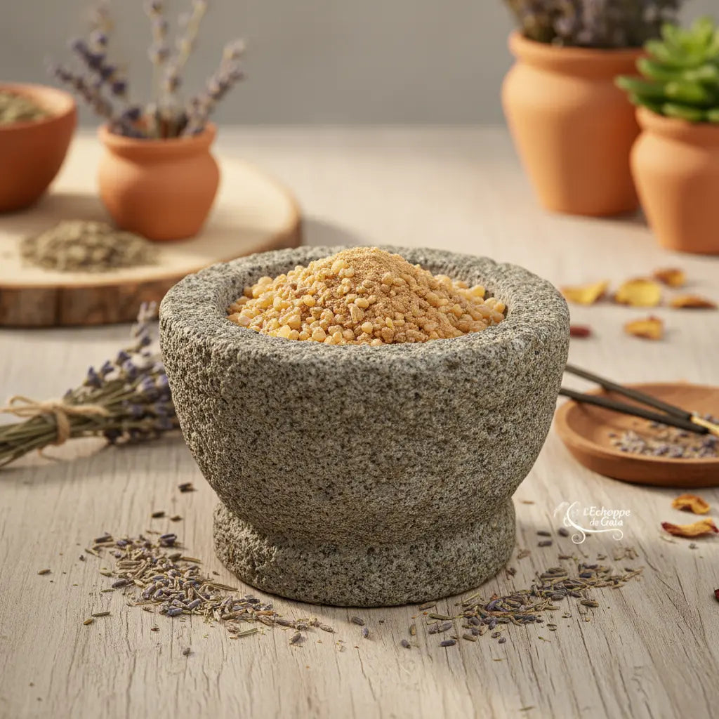Encens Désenvoutement en grains de résine clairs dans un mortier en pierre, entouré de lavande, plantes et bâtons d’encens sur table en bois.