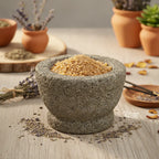Encens Désenvoutement en grains de résine clairs dans un mortier en pierre, entouré de lavande, plantes et bâtons d’encens sur table en bois.