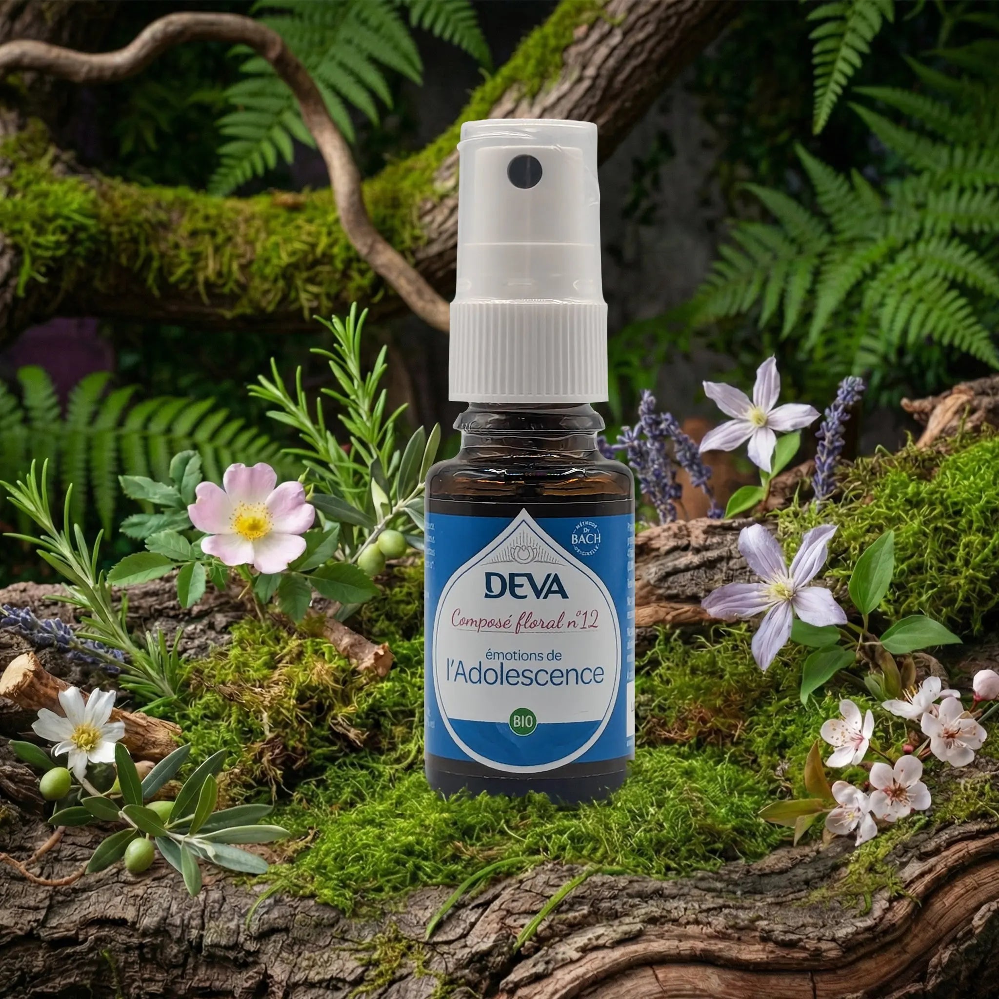 Flacon spray Deva - Composé Floral Dr Bach - Émotions de l'Adolescence N.12 sur un lit de mousse et plantes sauvages.