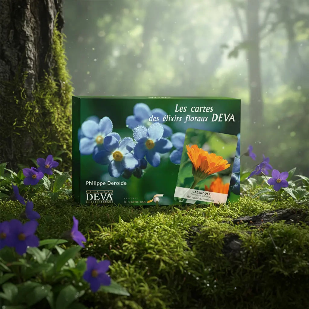 Coffret vert du jeu Cartes des Elixirs Floraux Deva - 96 Cartes posé sur un lit de mousse en forêt.