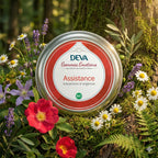 Boîte ronde en métal de Deva - Fleur du Dr Bach - Gommes Emotions - Assistance sur un fond nature.