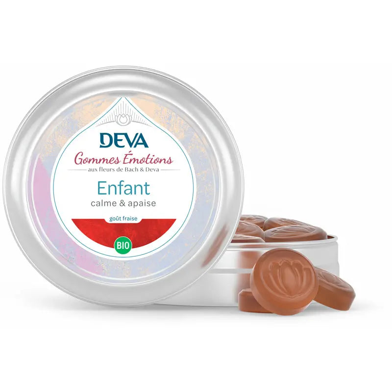 Boîte de gommes « DEVA Gommes Émotions – Enfant » bio goût fraise, avec gommes en forme de fleur.