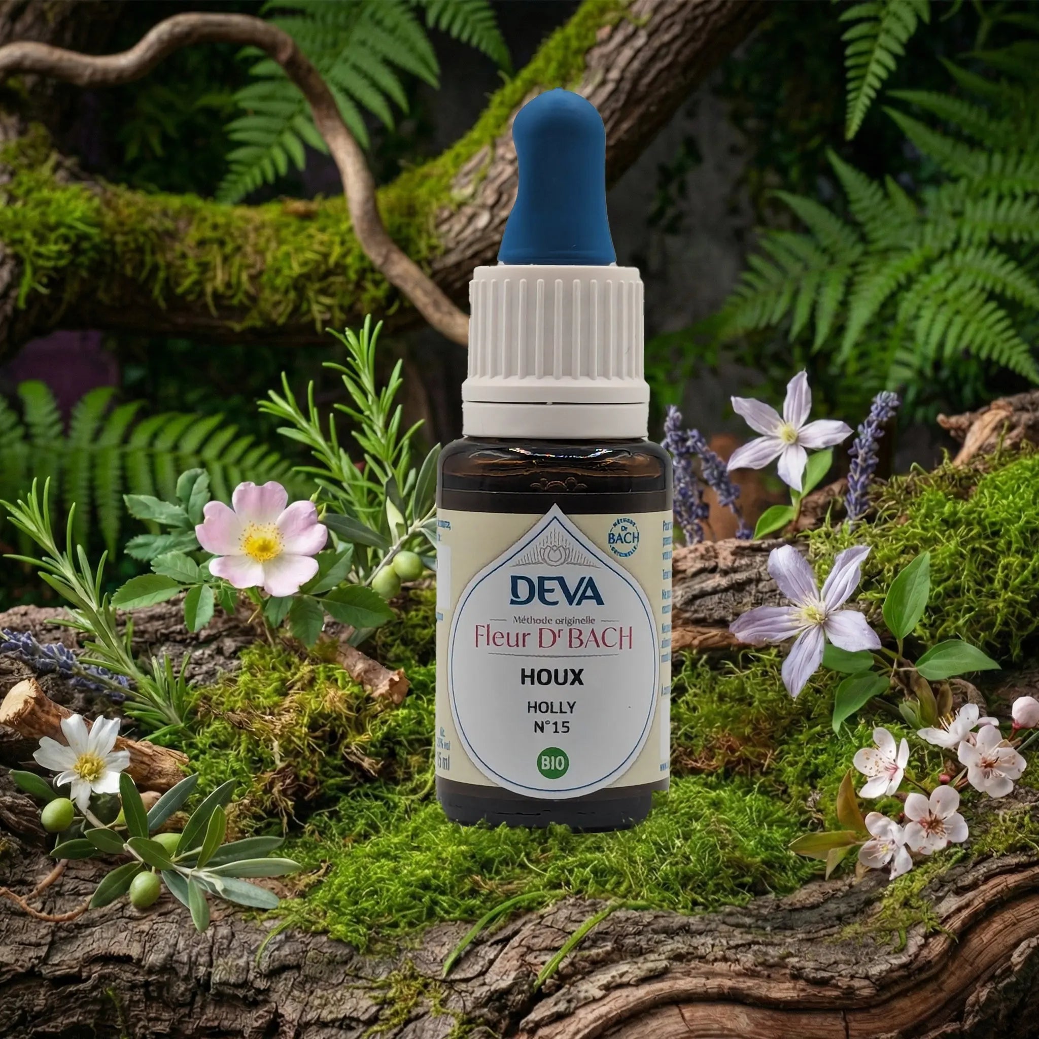Flacon compte-gouttes Deva - Fleur du Dr Bach - Houx N.15 sur un lit de mousse et plantes sauvages
