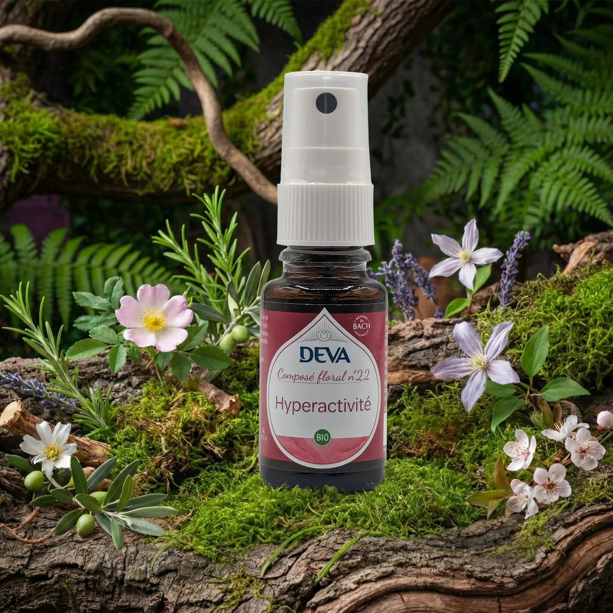 Flacon spray Deva - Composé Floral Dr Bach - Hyperactivité N.22 sur un lit de mousse et plantes sauvages.
