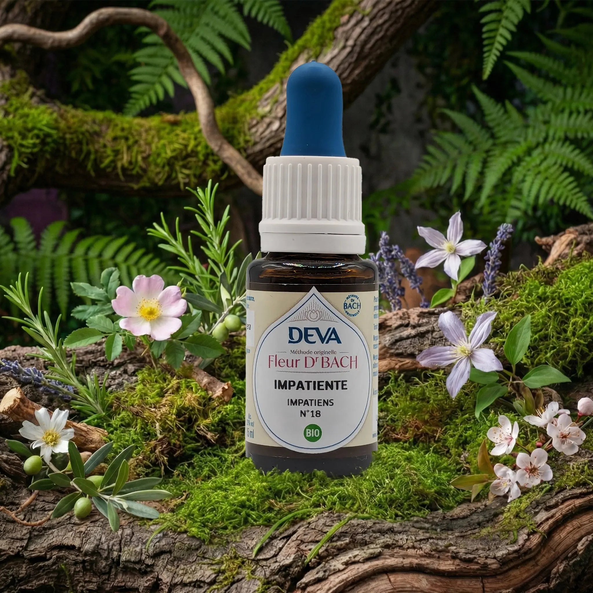 Flacon compte-gouttes Deva - Fleur du Dr Bach - Impatiente N.18 sur un lit de mousse et plantes sauvages