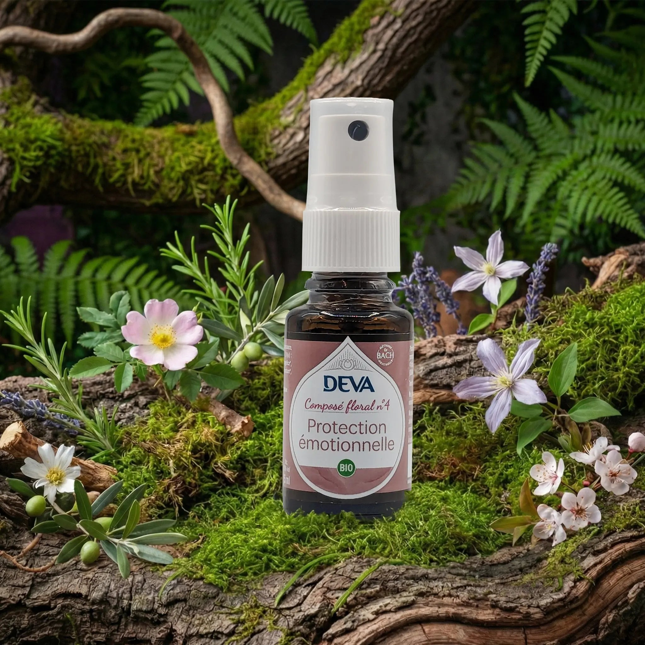 Spray buccal Deva Composé Floral Dr Bach - Protection Emotionnelle N.4 dans un décor naturel de fougères et de mousse