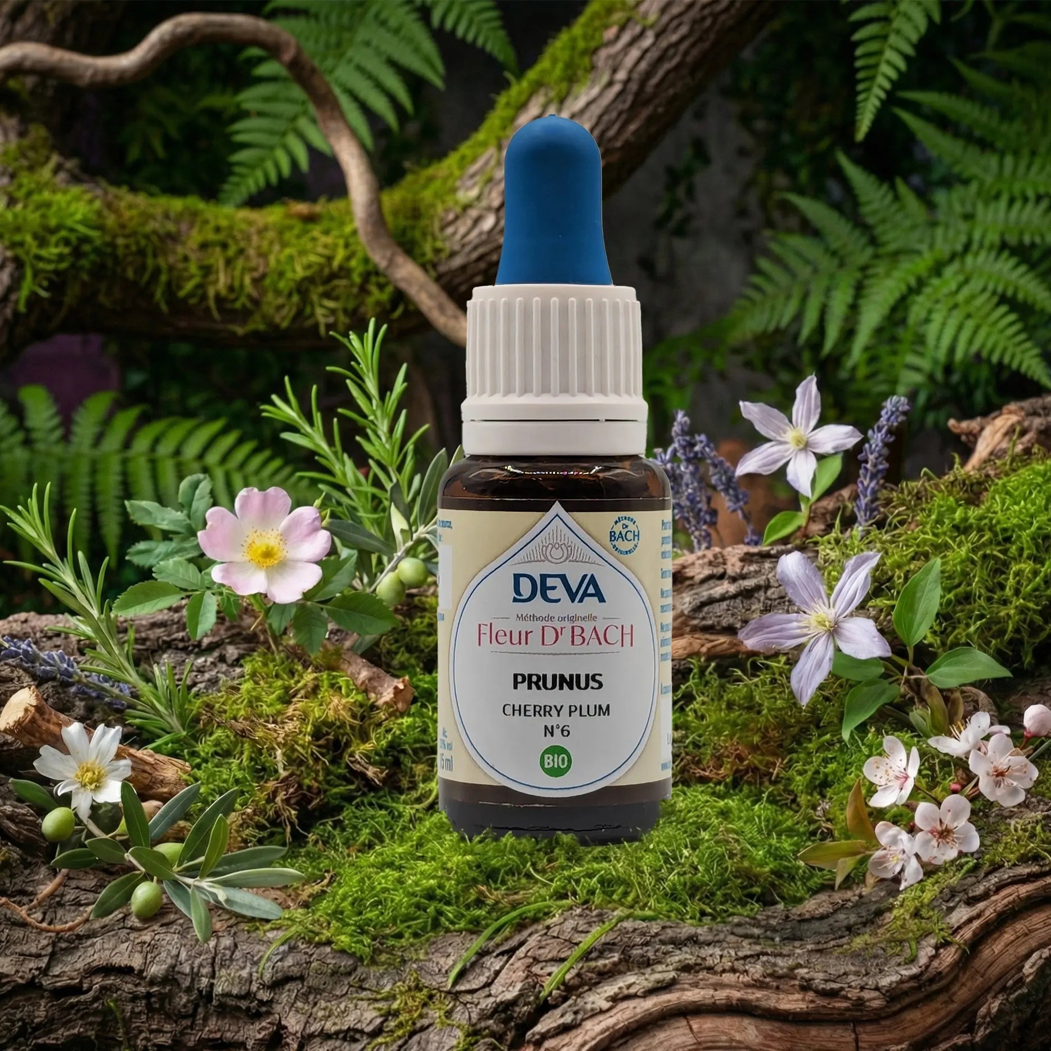 Flacon compte-gouttes Deva - Fleur du Dr Bach - Prunus N.6 sur un lit de mousse et plantes sauvages