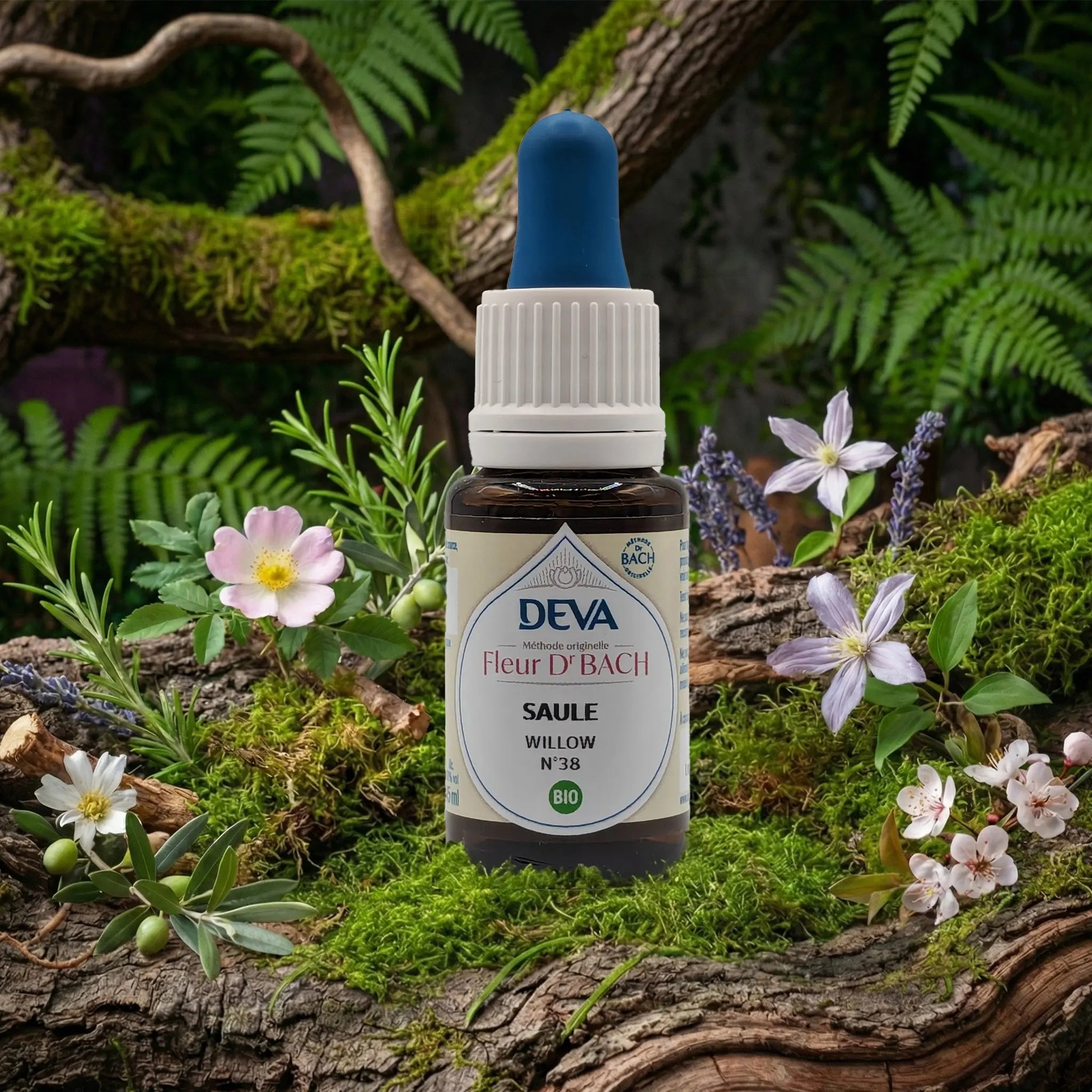Flacon compte-gouttes Deva - Fleur du Dr Bach - Saule N.38 sur un lit de mousse et plantes sauvages