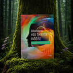 Livre Développez vos Talents Subtils du Dr Luc Bodin posé contre un tronc d'arbre moussu, illustré d'un profil humain multicolore et de nébuleuses d'énergie.