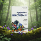 Livre blanc Dictionnaire de la Lithothérapie de Reynald Georges Boschiero posé sur une souche moussue, illustré d'un amas de cristaux bruts et de pierres polies multicolores.