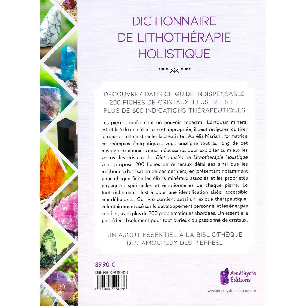 Le dos du livre "Dictionnaire de lithothérapie holistique" d'Aurélia Mariani, présentant un résumé sur les 200 fiches de cristaux et les 600 indications thérapeutiques, avec une bordure illustrée de minéraux sur la gauche.