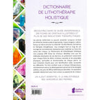 Le dos du livre "Dictionnaire de lithothérapie holistique" d'Aurélia Mariani, présentant un résumé sur les 200 fiches de cristaux et les 600 indications thérapeutiques, avec une bordure illustrée de minéraux sur la gauche.