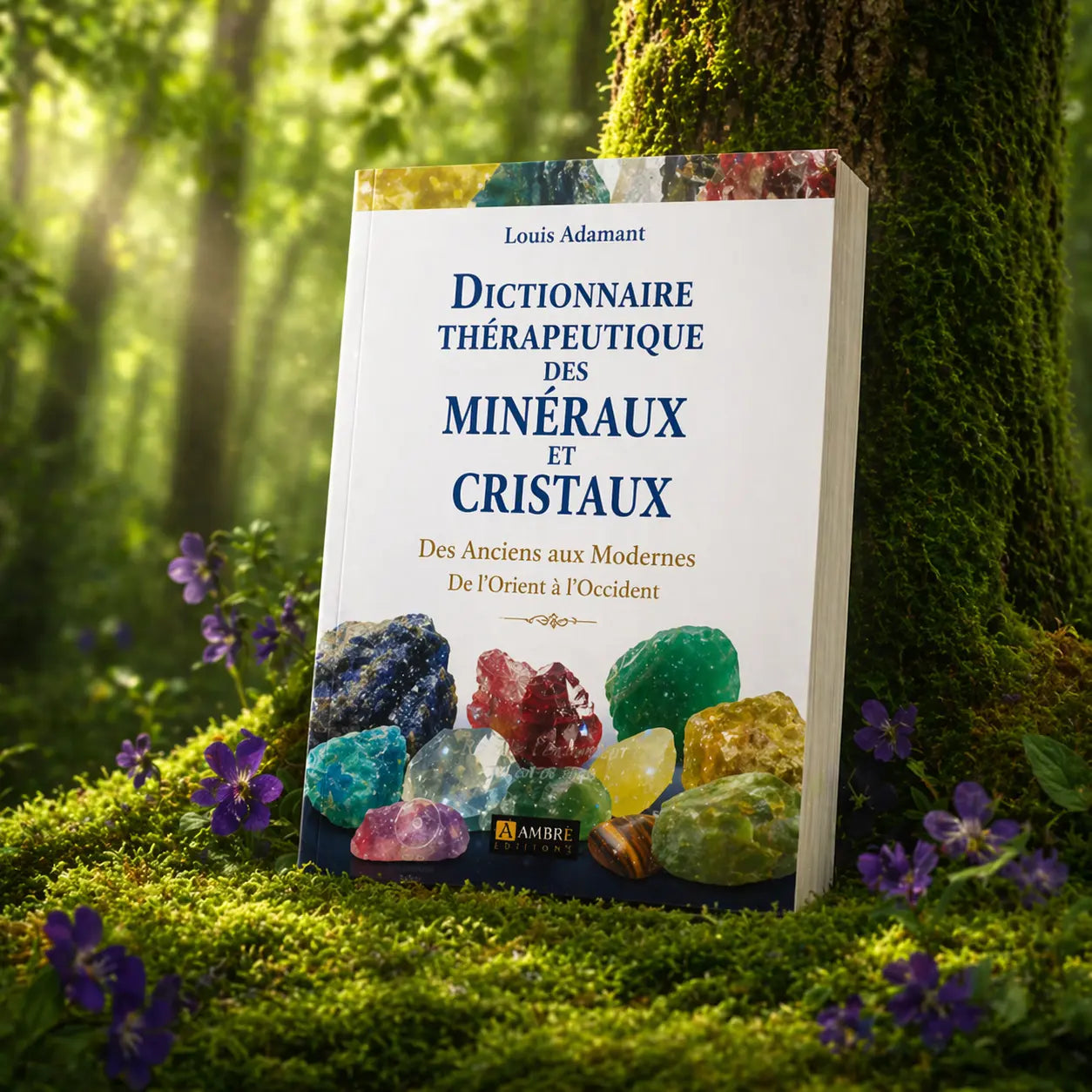 Livre Dictionnaire Thérapeutique des Minéraux et Cristaux de Louis Adamant posé contre un tronc d'arbre moussu, illustré de cristaux violets et de motifs ésotériques dorés.