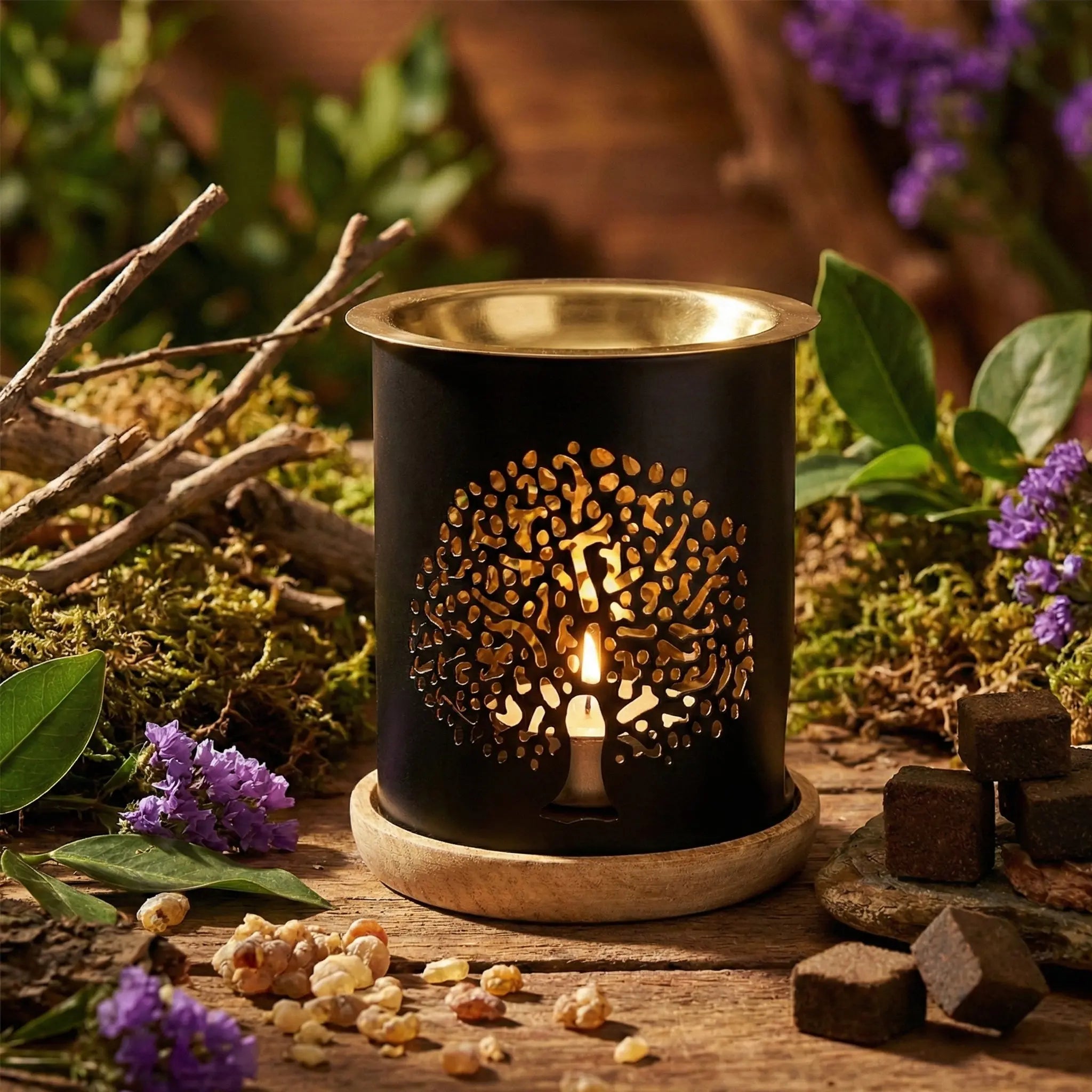 Brûle-parfum en métal noir et doré, motif arbre de vie découpé laissant passer la lumière, sur socle bois avec végétation autour.