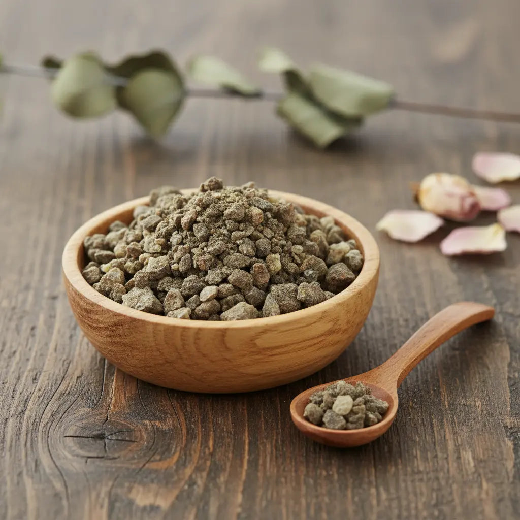 Grains de résine d'Encens Djaoui Noir (brun-gris foncé et terreux) dans un petit bol en bois clair avec une cuillère, sur une planche de bois rustique.