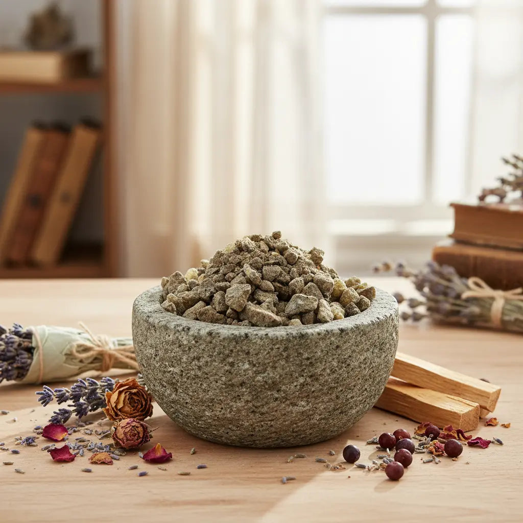 Morceaux de résine d'Encens Djaoui Noir (brun-gris) dans un mortier en granit gris, entouré de brins de lavande, de bâtons de Palo Santo et de baies séchées.