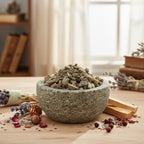 Morceaux de résine d'Encens Djaoui Noir (brun-gris) dans un mortier en granit gris, entouré de brins de lavande, de bâtons de Palo Santo et de baies séchées.