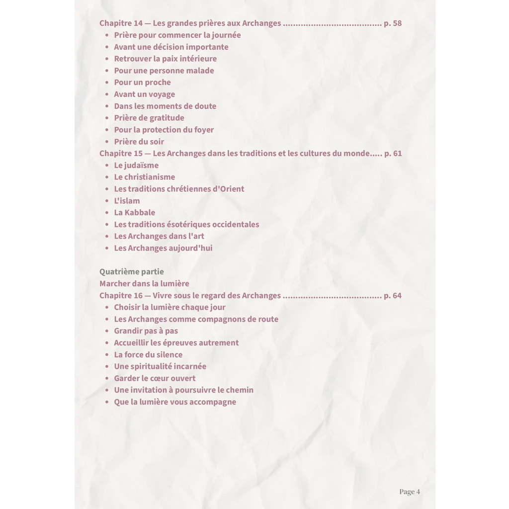 Ebook guide complet sur les archanges, deuxième page du sommaire présentant les prières et traditions sur un fond de papier froissé blanc aux tons rose et violet.