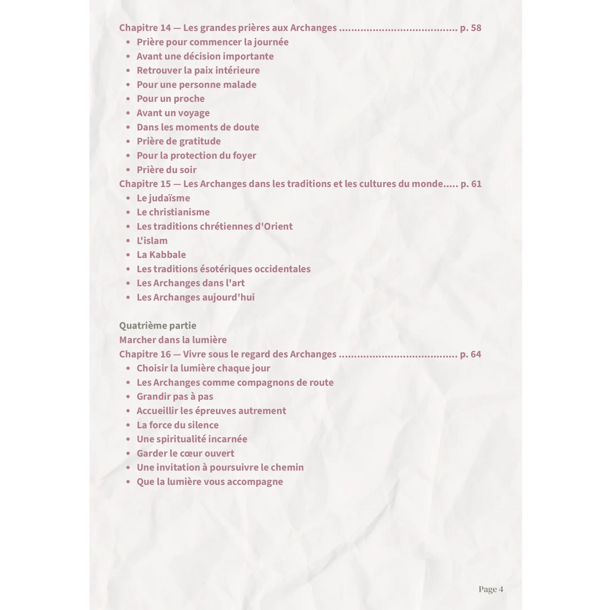 Ebook guide complet sur les archanges, deuxième page du sommaire présentant les prières et traditions sur un fond de papier froissé blanc aux tons rose et violet.