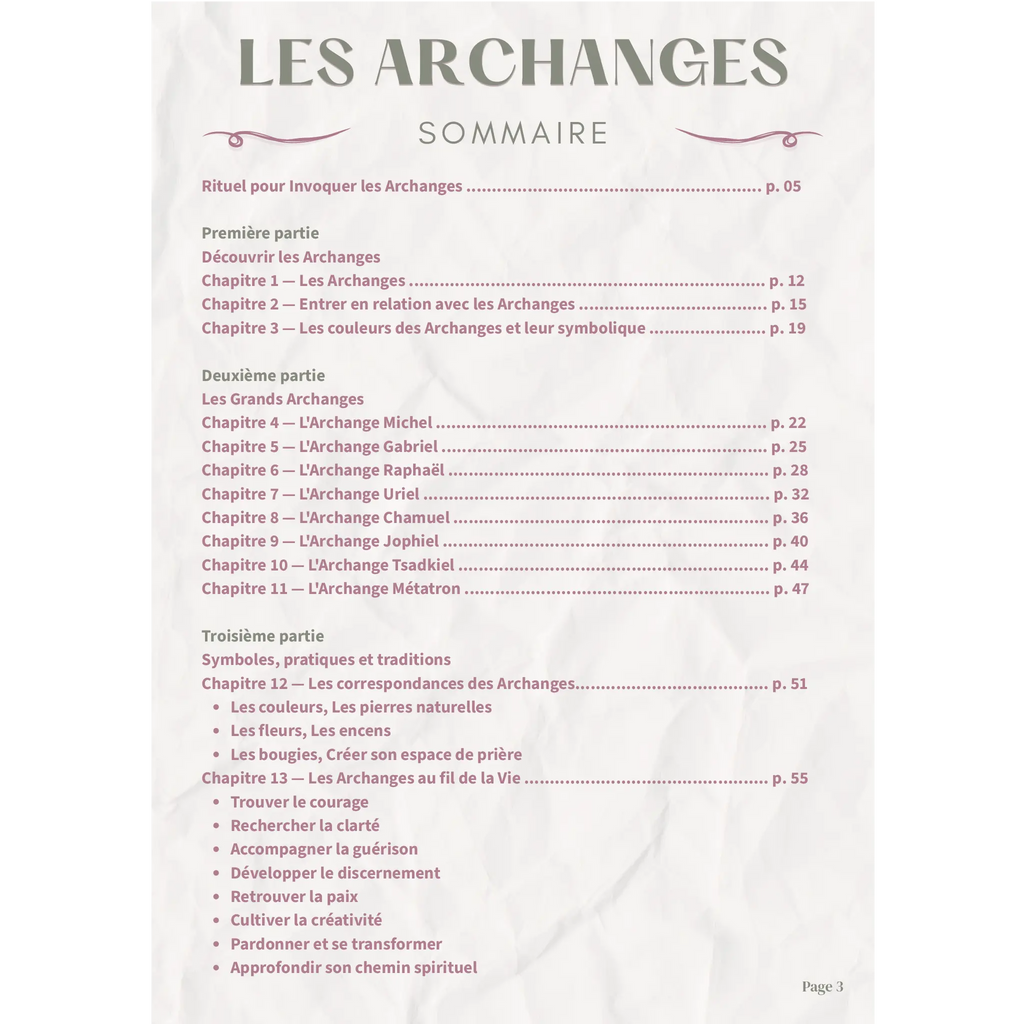 Ebook guide complet sur les archanges, sommaire détaillé du livre numérique présenté sur un fond de papier froissé blanc aux tons beige et violet.