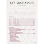 Ebook guide complet sur les archanges, sommaire détaillé du livre numérique présenté sur un fond de papier froissé blanc aux tons beige et violet.