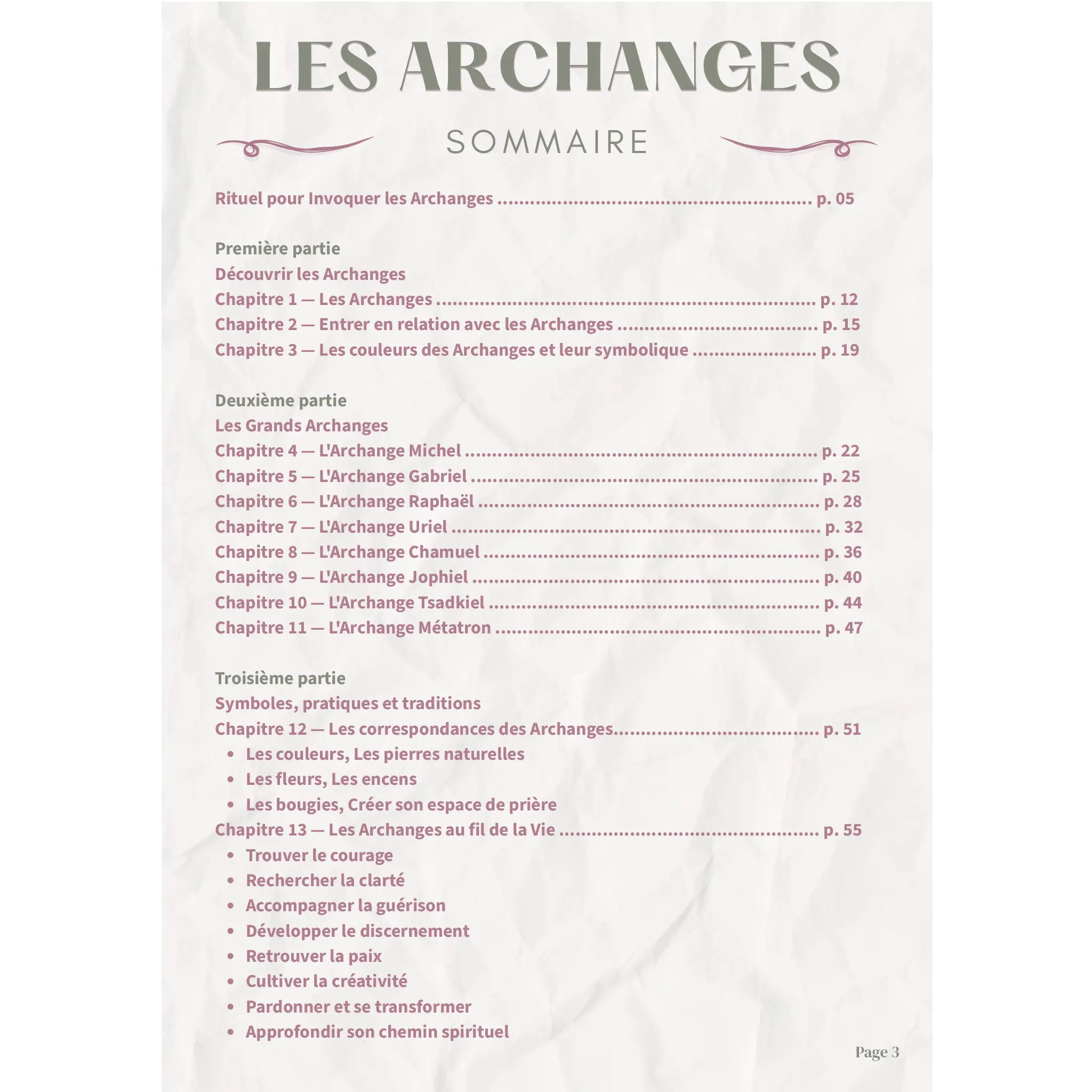 Ebook guide complet sur les archanges, sommaire détaillé du livre numérique présenté sur un fond de papier froissé blanc aux tons beige et violet.
