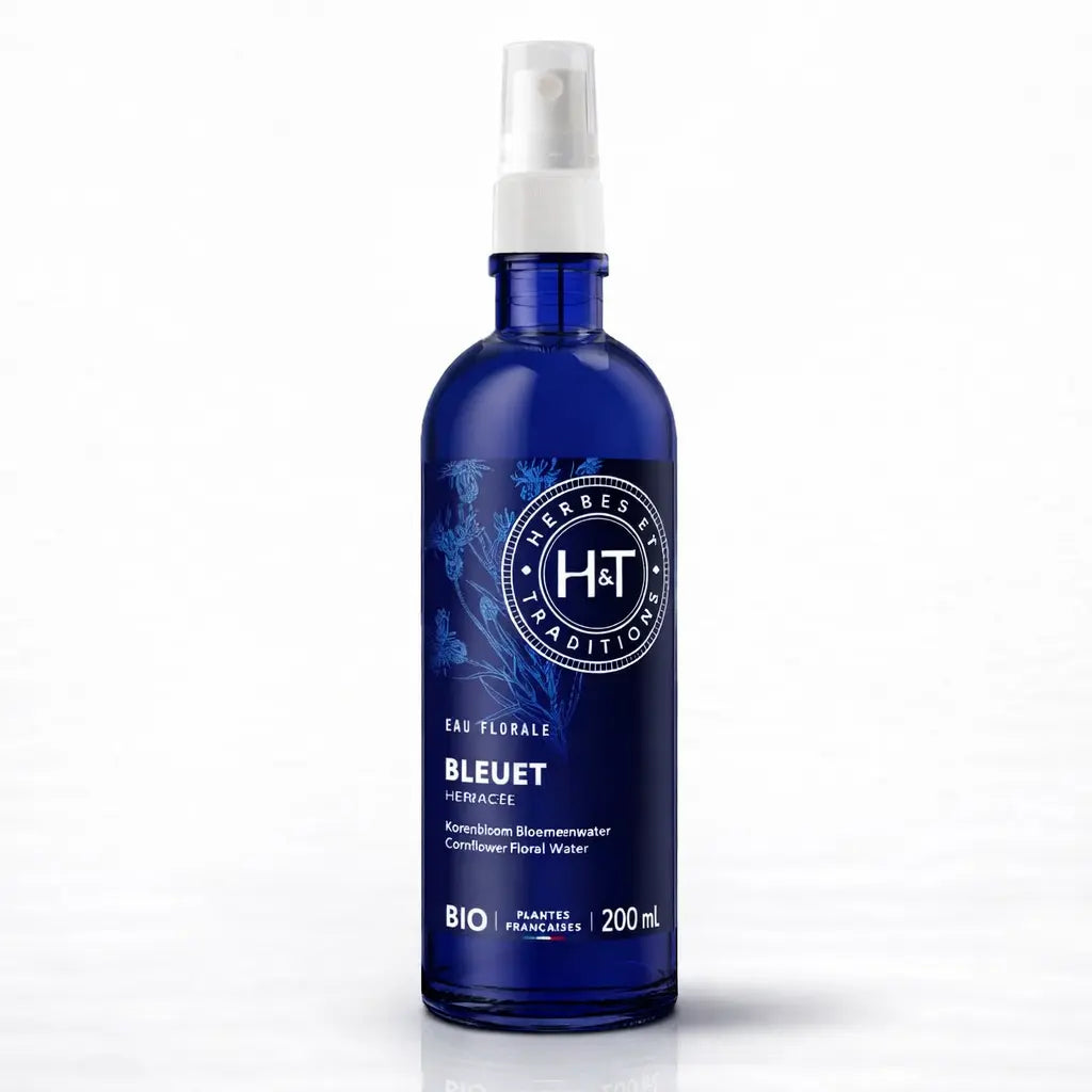 Un flacon pulvérisateur de 200 ml d'eau florale de bleuet bio de la marque Herbes & Traditions, en verre bleu foncé avec une étiquette assortie, présenté sur un fond blanc.