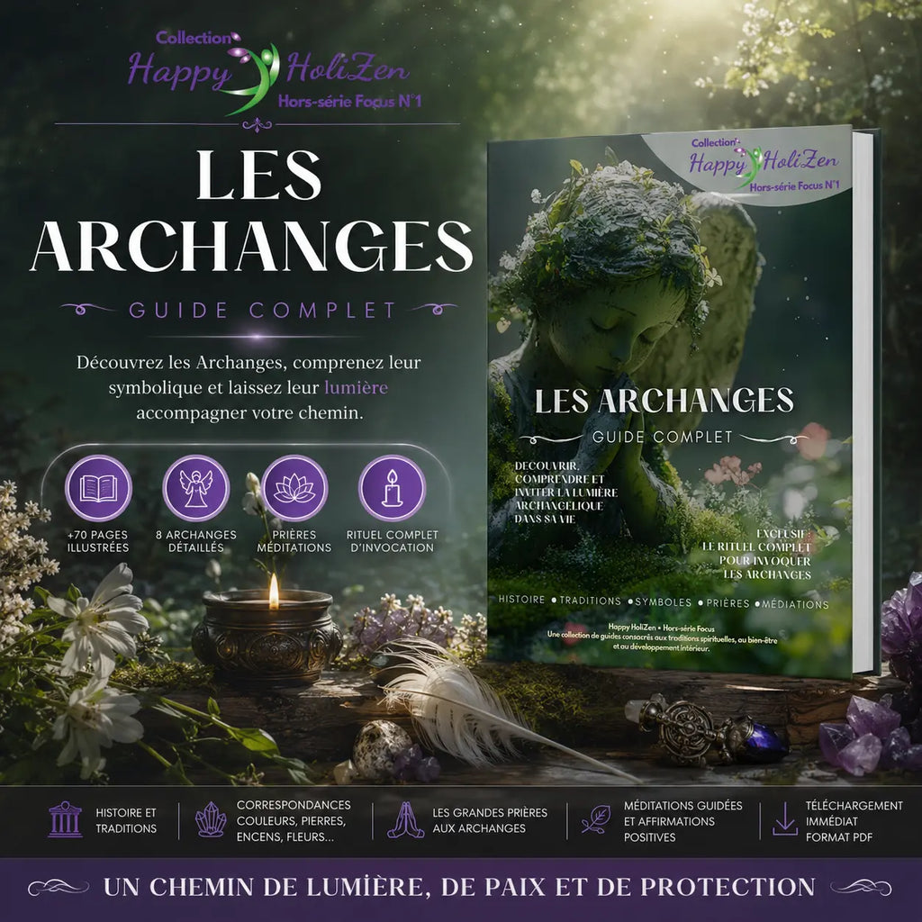Ebook guide complet sur les archanges, couverture numérique illustrée par une statue d'ange en pierre végétale entourée de fleurs, bougie, plume blanche et améthyste.