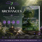 Ebook guide complet sur les archanges, couverture numérique illustrée par une statue d'ange en pierre végétale entourée de fleurs, bougie, plume blanche et améthyste.