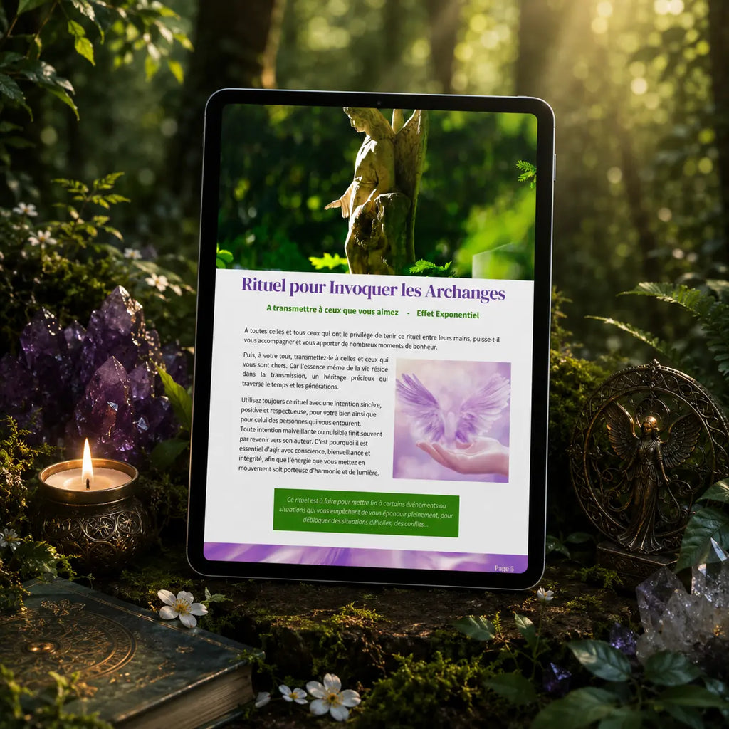 Ebook guide complet sur les archanges, tablette affichant un rituel spirituel posée au milieu de cristaux d'améthyste, d'une bougie et d'une statuette d'ange dans un décor végétal.