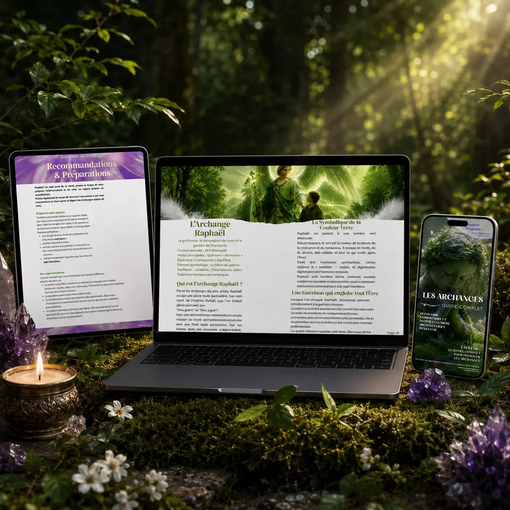 Ebook guide complet sur les archanges, ordinateur portable, tablette et smartphone affichant le livre numérique entourés de cristaux d'améthyste et d'une bougie dans la nature.