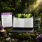 Ebook guide complet sur les archanges, ordinateur portable, tablette et smartphone affichant le livre numérique entourés de cristaux d'améthyste et d'une bougie dans la nature.