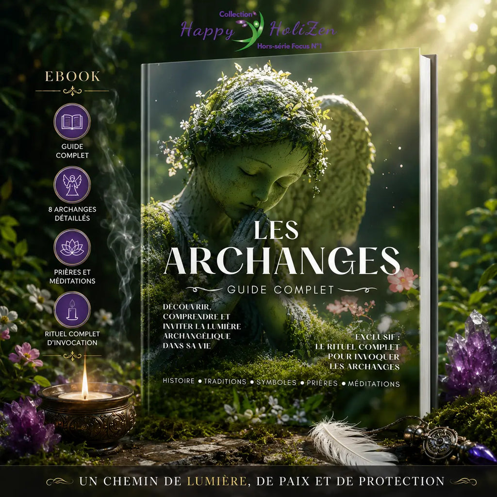 Couverture du livre numérique Les Archanges Guide Complet illustrée par une statue d'ange recouverte de mousse au cœur d'une nature lumineuse, entourée de cristaux d'améthyste, d'un brûle-encens et d'une plume blanche.