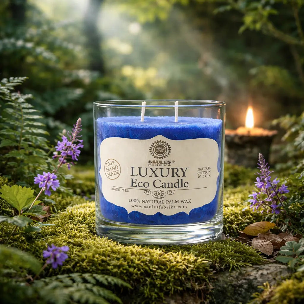 Bougie parfumée Eco Candle 30h - Ange de couleur bleue en verre transparent sur un tapis de mousse forestière.
