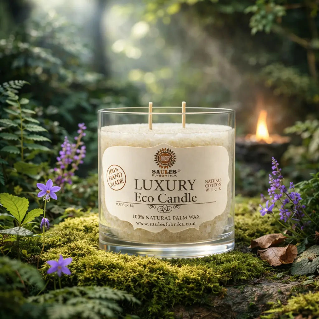 Bougie parfumée Eco Candle 30h - Gingembre en verre transparent avec double mèche coton sur lit de mousse.