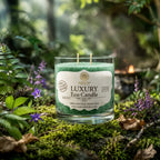 Bougie parfumée Eco Candle 30h - Jasmin Thé Vert dans son verre transparent, posée sur un tapis de mousse forestière.