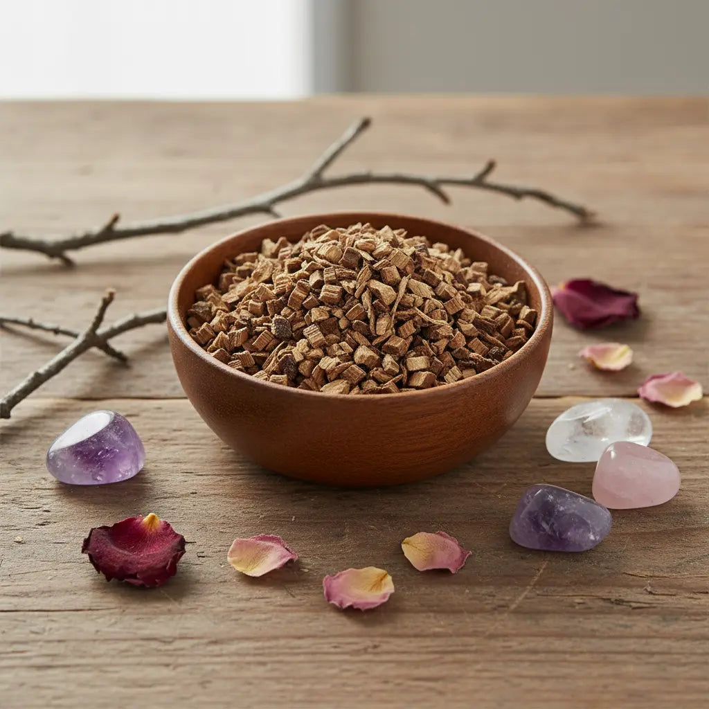 Coupelle en bois remplie d’écorce de chêne hachée brun clair sur table en bois avec cristaux et pétales.