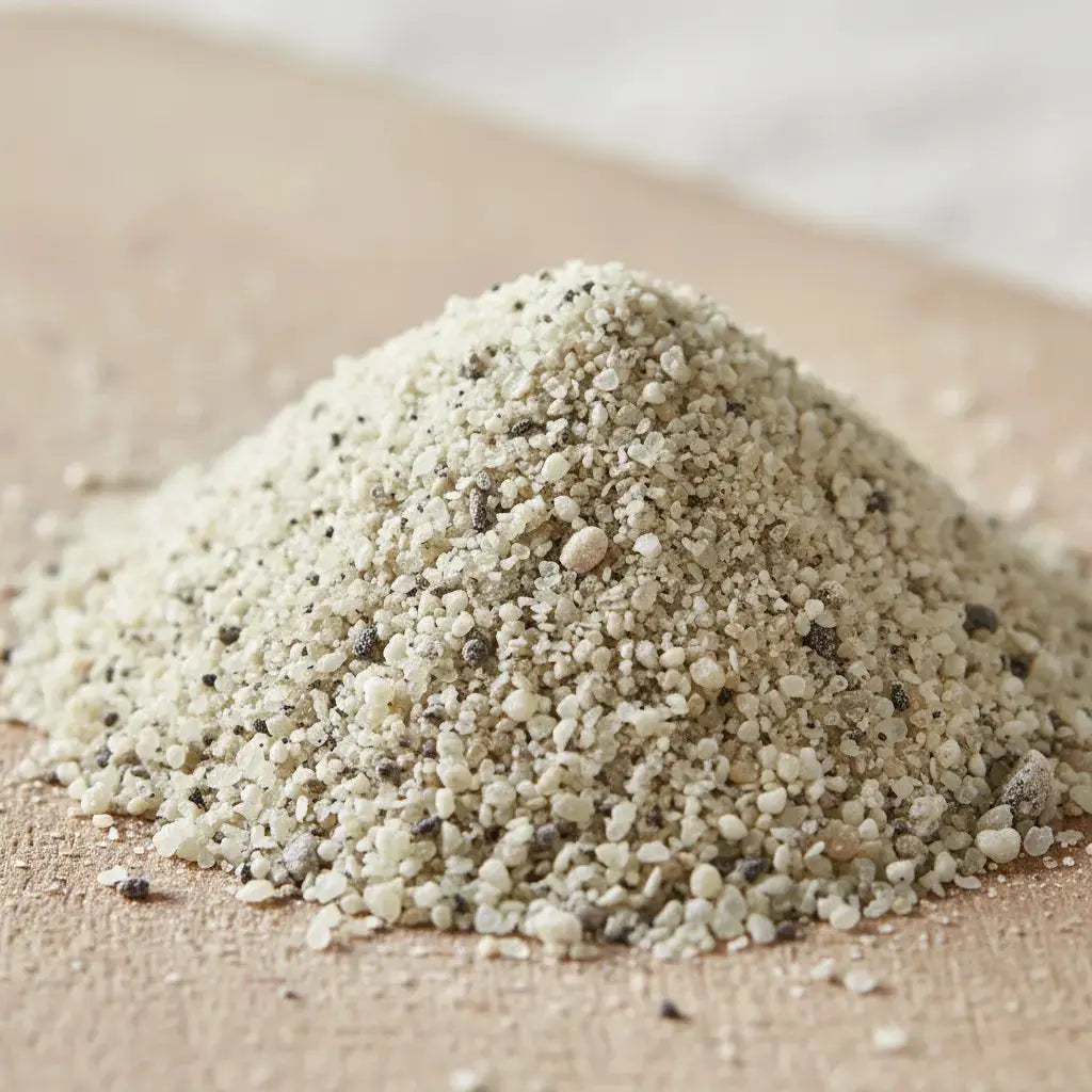 Gros plan sur un monticule d'Encens Église en poudre, montrant de petits grains blanc cassé et gris clair mélangés à des particules noires, sur une surface en bois.