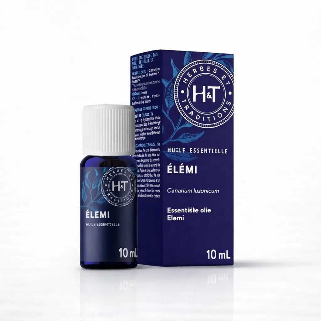 Un flacon de 10 ml d'huile essentielle d'élémi de la marque Herbes & Traditions, accompagné de son étui en carton bleu foncé assorti, présenté sur un fond blanc.