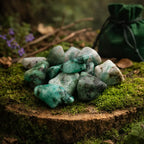 Pierres d'émeraude roulées aux nuances de vert forêt et vert d'eau avec inclusions naturelles, disposées sur une souche de bois avec un pochon en velours vert émeraude.