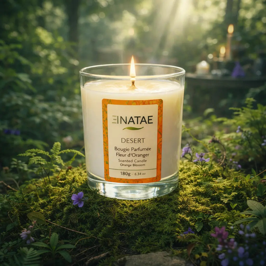 Bougie artisanale Enatae Désert à la fleur d'oranger, 180g, éclairée au cœur d'une végétation onirique.