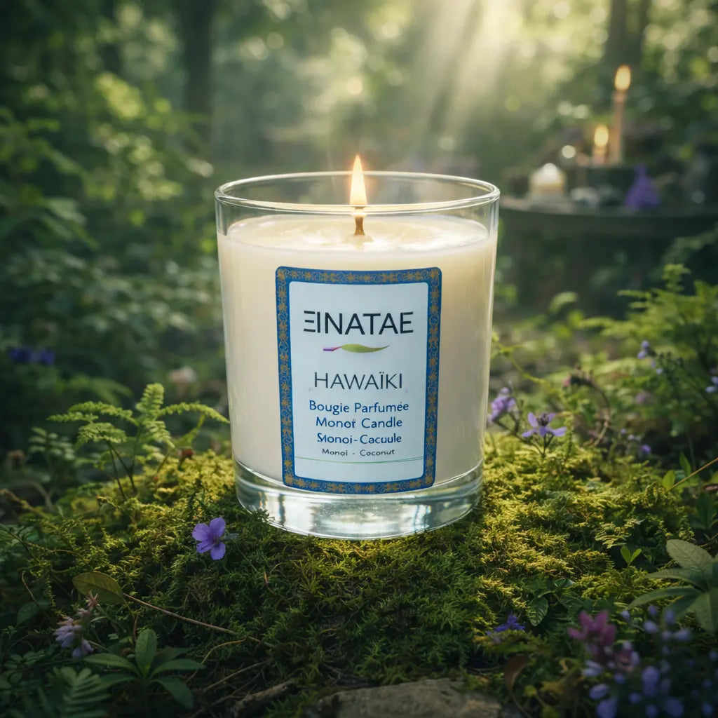 Bougie artisanale Enatae Hawaïki au Monoï et Coco, 180g, posée sur un lit de mousse printanière.