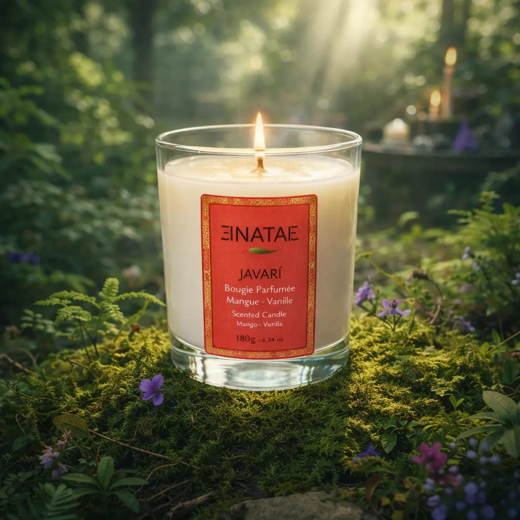 Bougie artisanale Enatae Javari 180g parfum mangue et vanille allumée dans une forêt mystique.