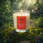 Bougie artisanale Enatae Javari 180g parfum mangue et vanille allumée dans une forêt mystique.