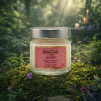 Bougie artisanale Enatae Javari Mangue-Vanille en pot de verre sur un socle de mousse sauvage et fleurs forestières.
