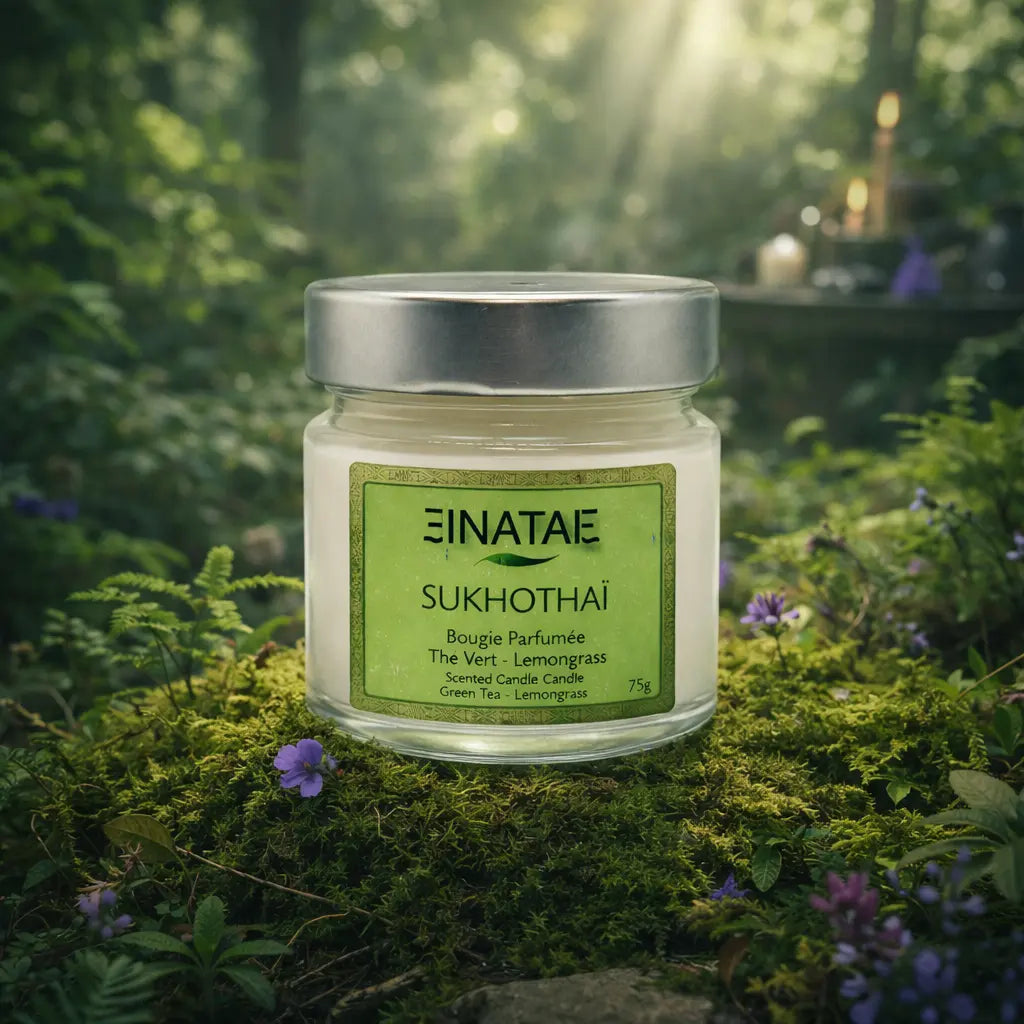 Bougie artisanale Enatae Sukhothaï en pot de verre sur un tapis de mousse verte et fleurs violettes.